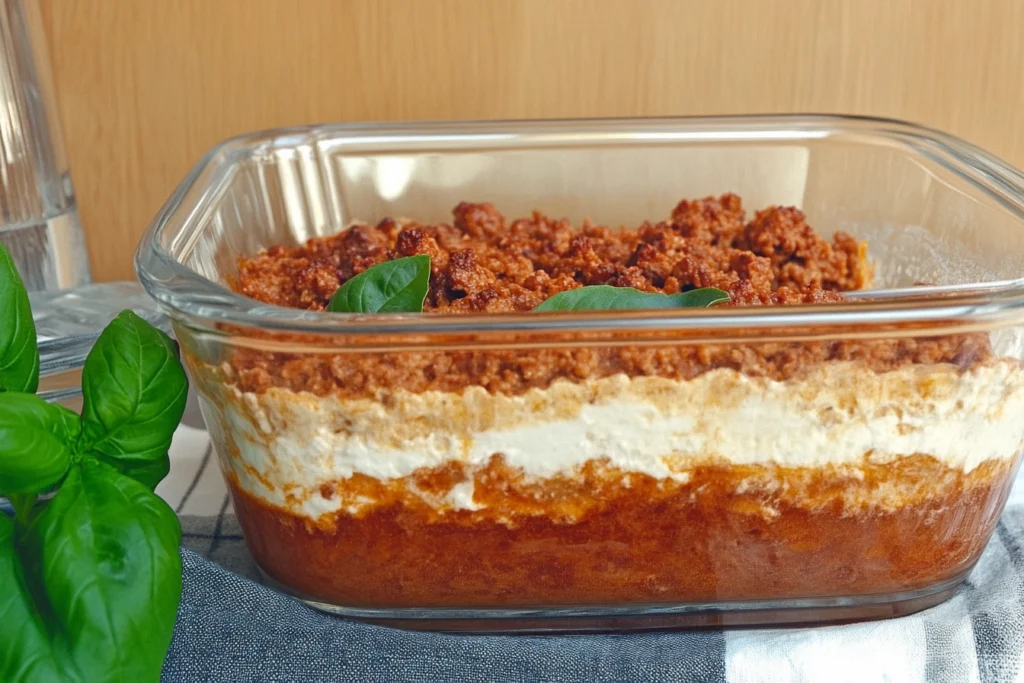 Layered oven-ready lasagna with melted cheese and rich tomato sauce.2