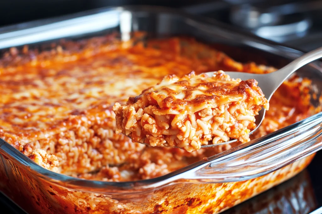 Layered oven-ready lasagna with melted cheese and rich tomato sauce.